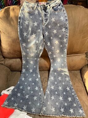 Southern Fried Chics Denim Flare Jeans with all over star print